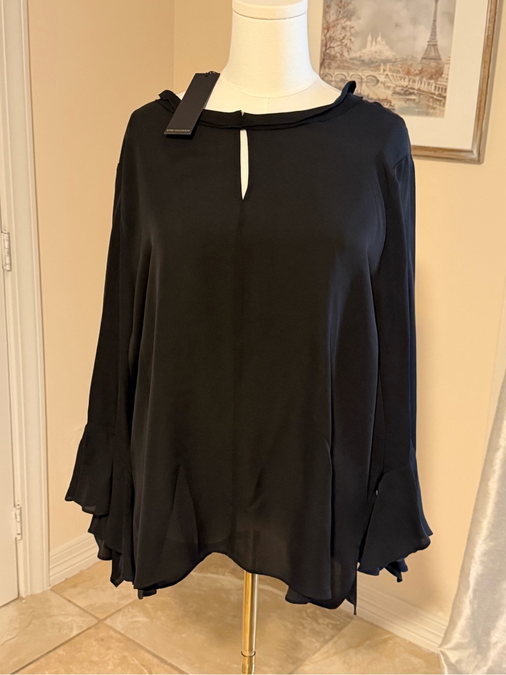 Kobi Halperin Black Ruffle-Cuff Keyhole Blouse